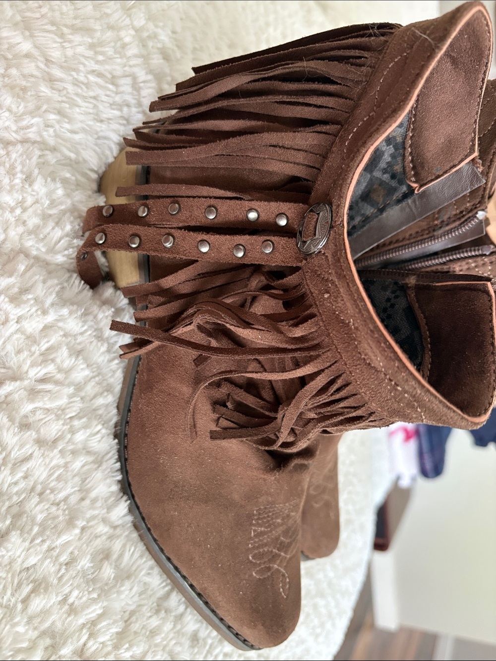 Roper Brown Suede Fringe Studded Ankle Booties